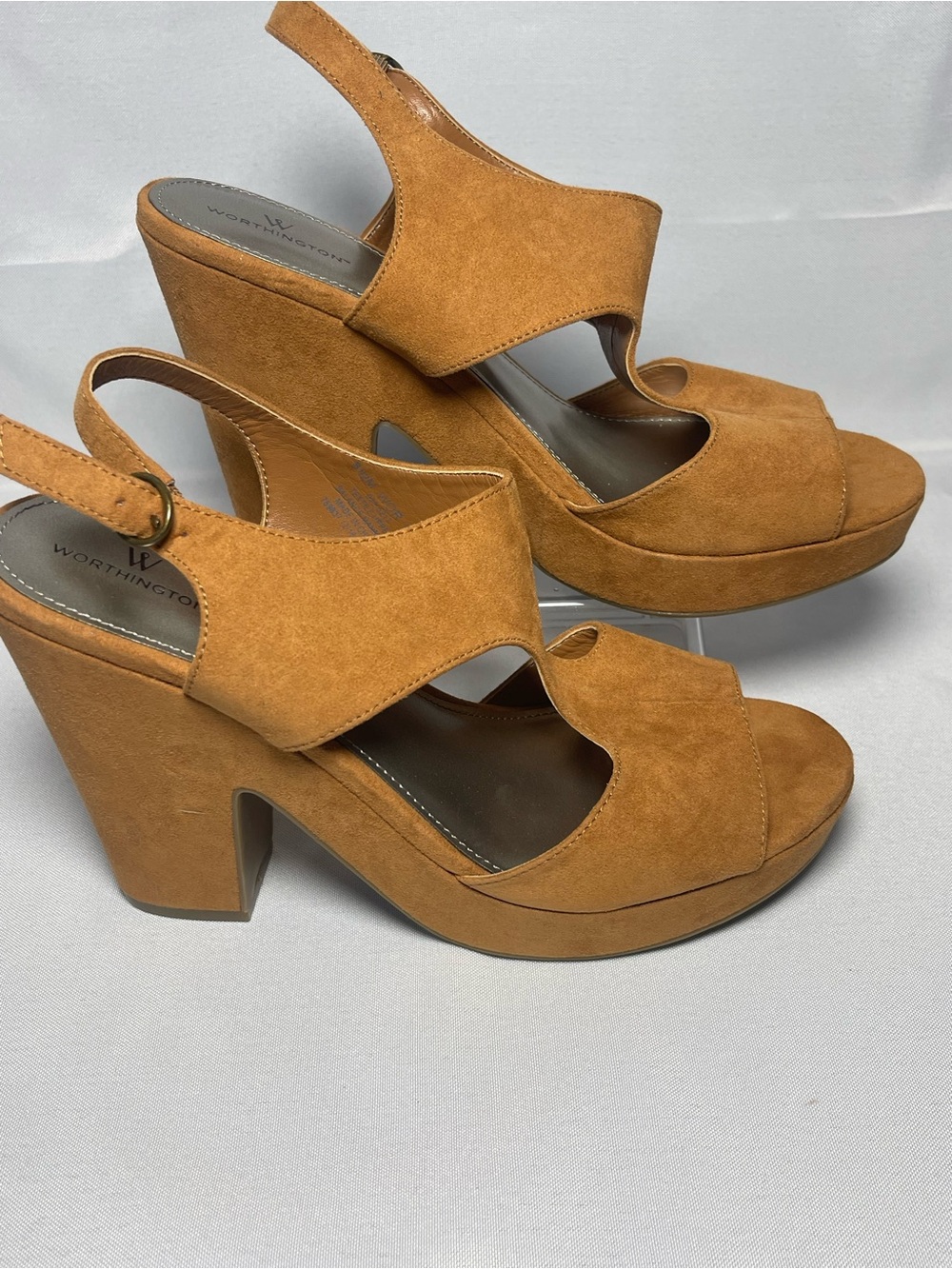 Worthington Cognac Faux Suede Platform Heels Sandals 8.5